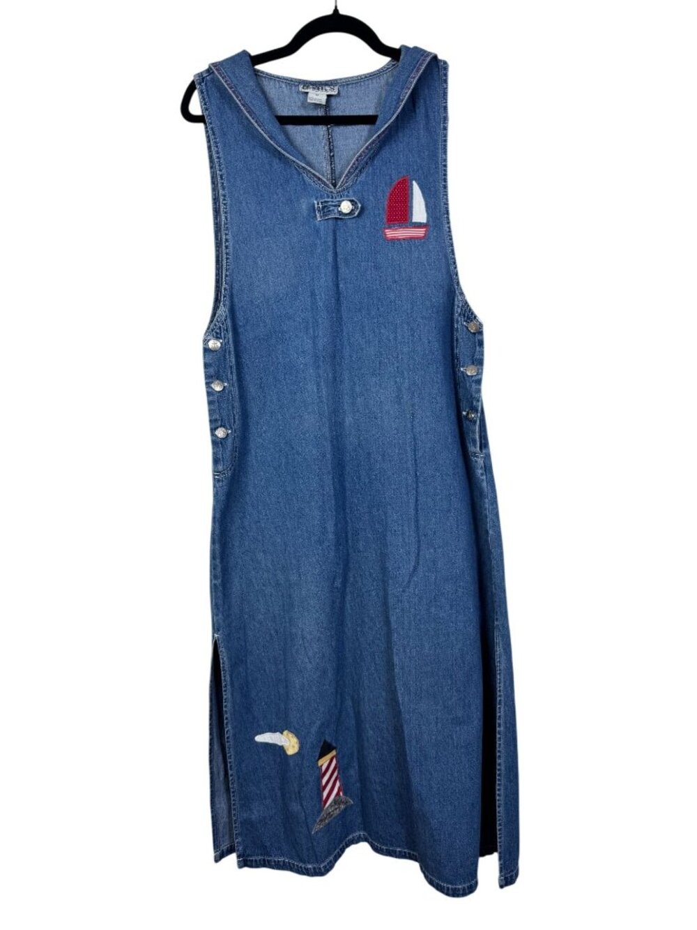 Vtg Haiks Sailor Nautical Denim Jumper Midi Dress Lighthouse Sailboat Medium
